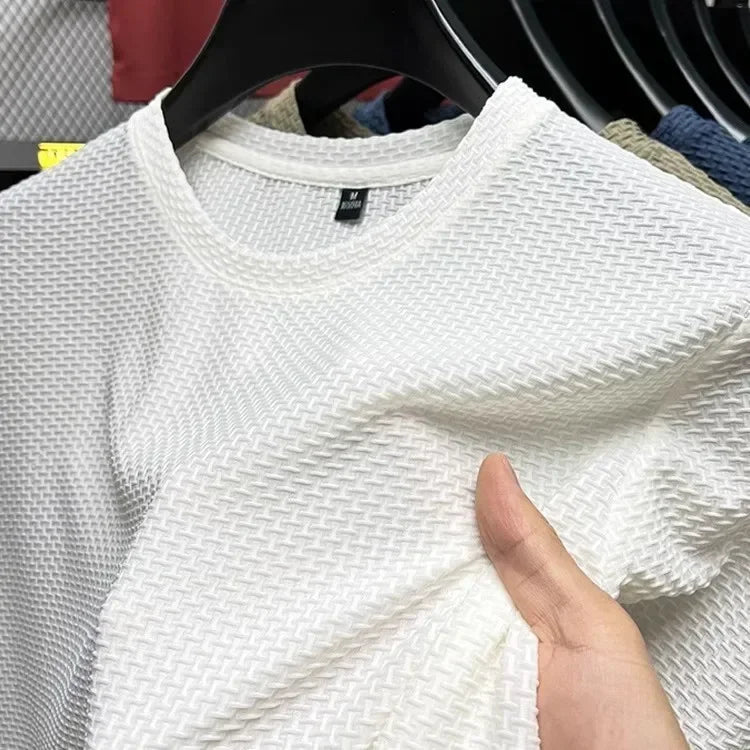 Men's Short Sleeve Mesh Bamboo Ice Silk T-shirt Casual Versatile Summer Elastic Slimming Top for Men Quick Pick Grocers