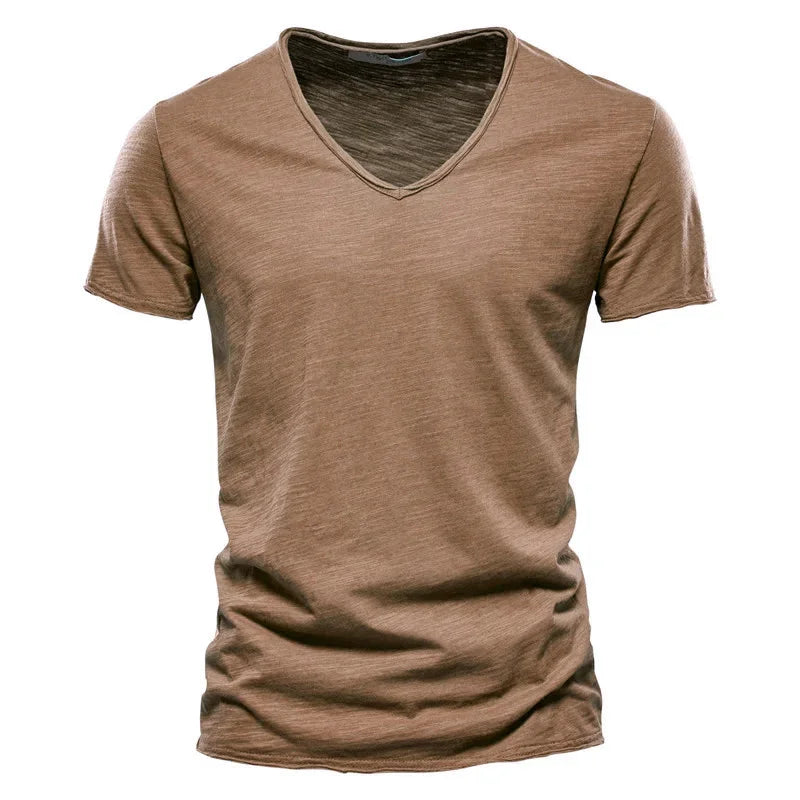 Brand Quality 100% Cotton Men T-shirt V-neck Fashion Design Slim Fit Soild Male Tops Tees Short Sleeve Quick Pick Grocers