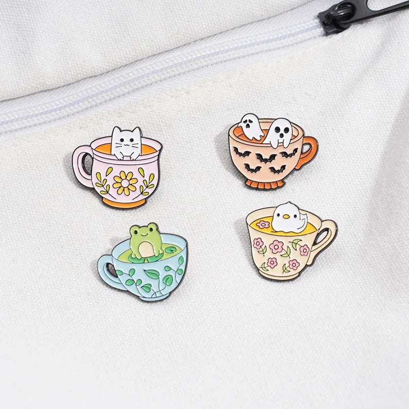 Creative Coffee Cup Animal Collection Enamel Pins Ghost Duck Capybara Frog Brooch Lapel Badge Cute Halloween Jewelry Kid Gift  ﻿ Quick Pick Grocers