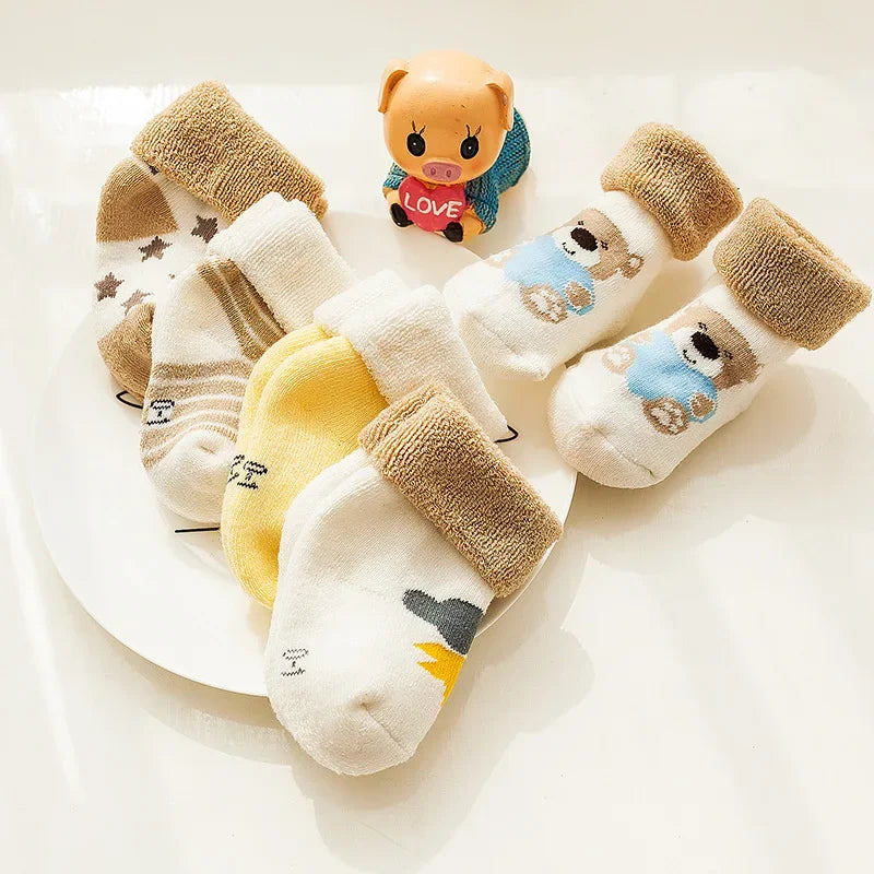 5 Pairs Autumn Winter Warm Strip Baby Sock Cute Cartoon Dot Thick Infant Floor Sock Soft Star Pattern Newborn Toddler Sock Purest Peak