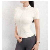 Women Summer Slim Yoga Tops Stand Collar Full Zipper Short Sleeves Shirts Solid Workout Clothes Gym Running Coats Lady Casual Quick Pick Grocers