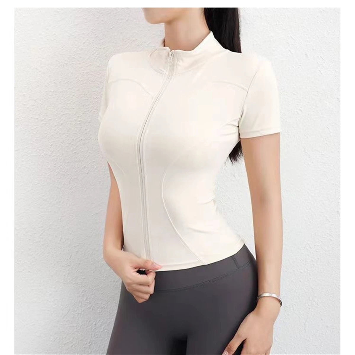Women Summer Slim Yoga Tops Stand Collar Full Zipper Short Sleeves Shirts Solid Workout Clothes Gym Running Coats Lady Casual Quick Pick Grocers