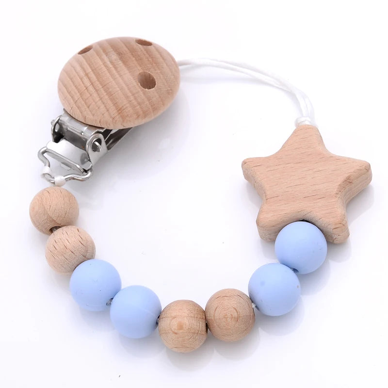 Baby Pacifier Chain Clips Wood Pentagram Teether Silicone Round Beads Teething Chain For Baby Care Soother Chew Toys Shower Gift Purest Peak