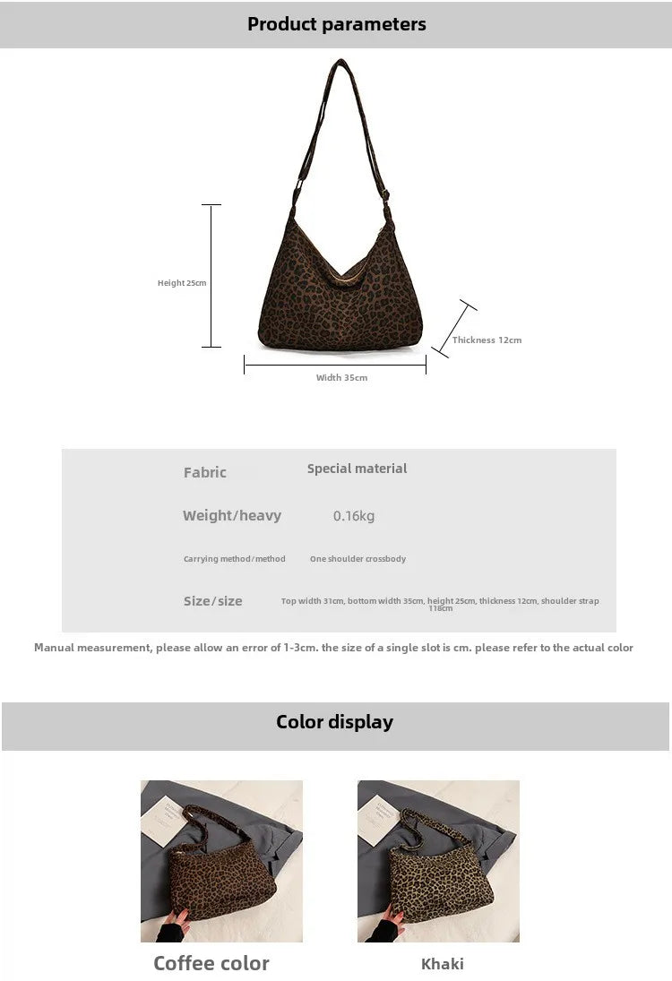Trendy Casual Soft Textile Women's Shoulder Bag Large Capacity Leopard Print Female Retro Crossbody Bag For Commute Outings Quick Pick Grocers