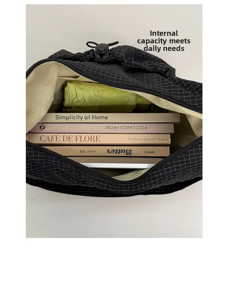 Korean Nylon Shoulder Bags Fashion Simple Plaid Zipper Tote Drawstring Pleated Cloud Bags New Commuter Crossbody Shoulder Bag Quick Pick Grocers