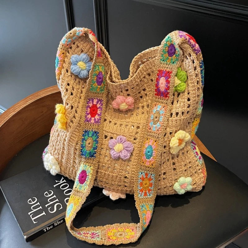 Women's Boho Crochet Bag Designer Flowers Knitted Handbags Large Capacity Summer Beach Woven Shoulder Bag Girls Tote Shopper Bag Quick Pick Grocers