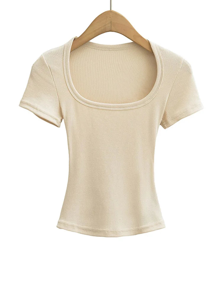 Women's Slim Fit Square Collar Crop Top High Stretch Short Sleeve Pullover Sexy Summer Blouse T-shirt for Bottoming Quick Pick Grocers