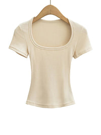 Women's Slim Fit Square Collar Crop Top High Stretch Short Sleeve Pullover Sexy Summer Blouse T-shirt for Bottoming Quick Pick Grocers