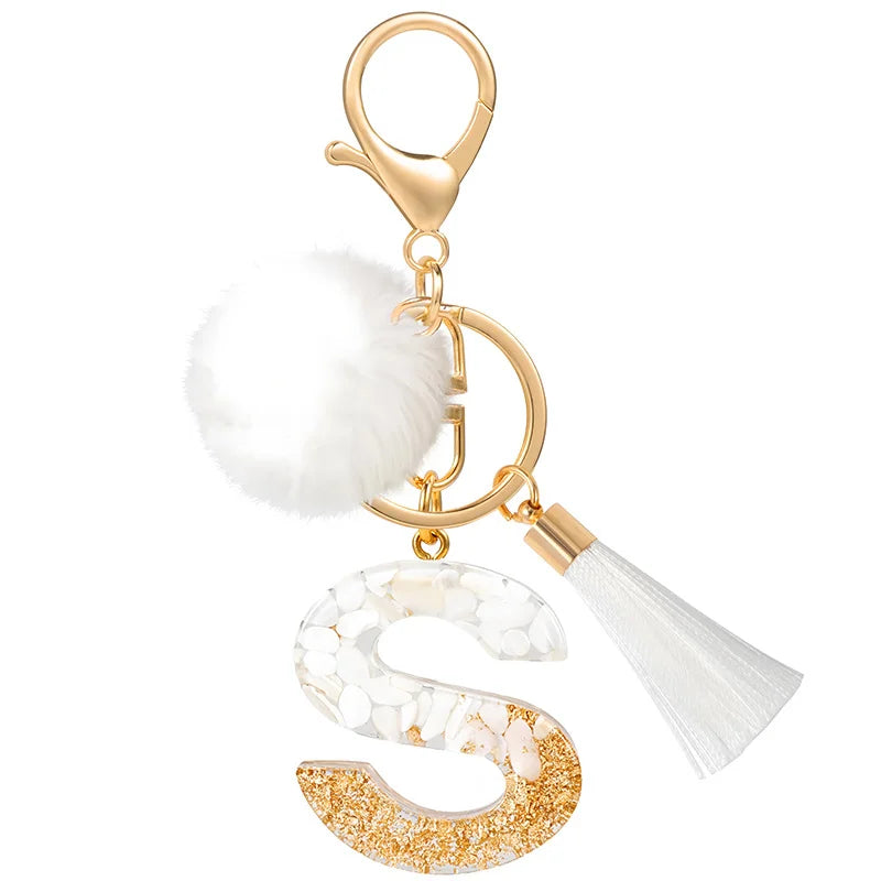Creative Resin Initials White Fringe Fur Ball Women Keychain A-Z Letter Pendant Handbag Decor Car Key Ring Jewelry Gift Quick Pick Grocers
