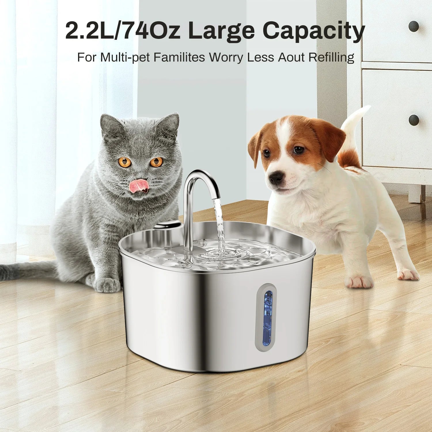 ZYFeeder 2.2L Automatic Cat Water Fountain Square Stainless Steel Pet Water Feeder Dog Water Fountain with window（No 5V 1A Plug） Quick Pick Grocers