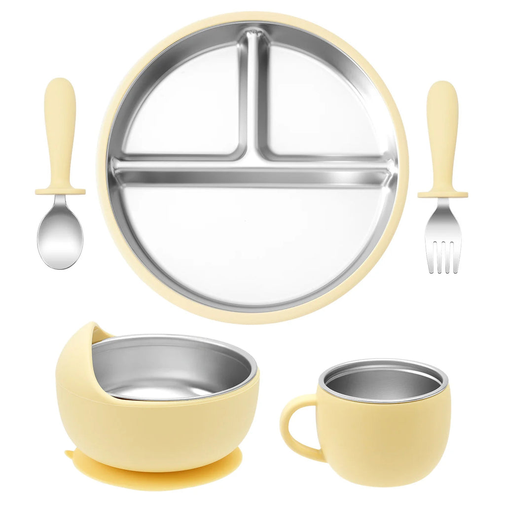 5PCS Stainless Steel Dishes Plate Baby Feeding Set With Detachable Silicone Sucker Bowl BPA Free Infant Fork Spoon Cup Gifts Purest Peak