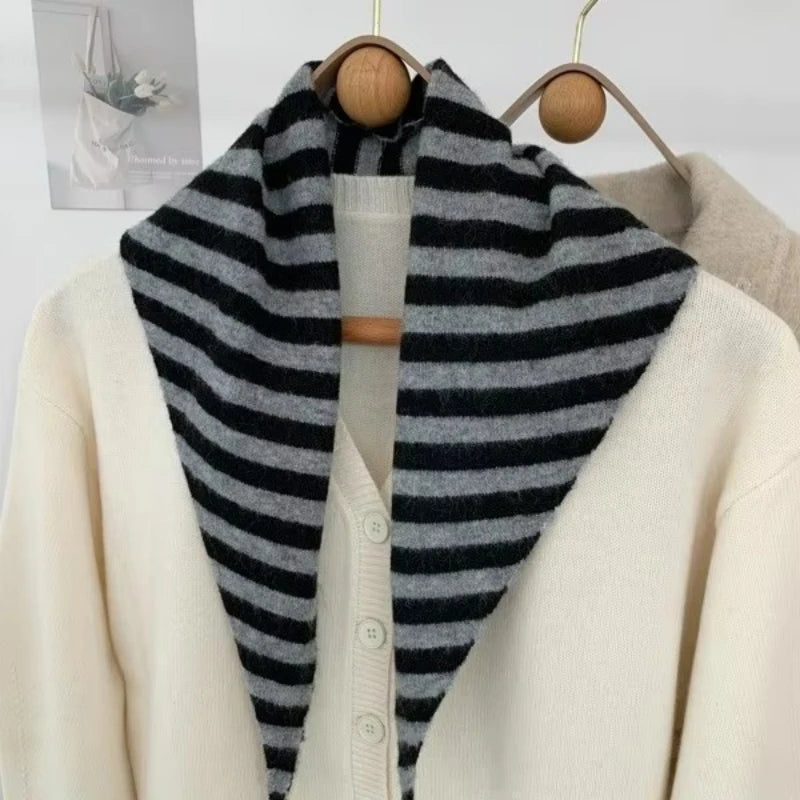 New Women Wool Scarf Shawl Winter Warm Soft Knitted Striped Triangle Fashion Brand Bandana Lady Wool Scarves Quick Pick Grocers