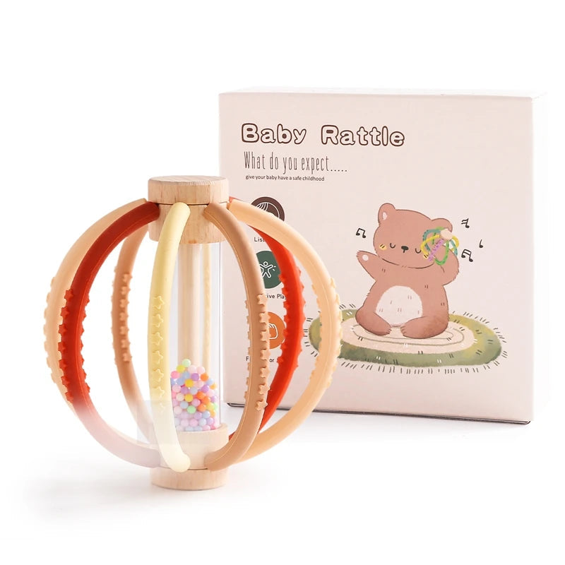 Baby Rattle Toy Wooden Rain Drum With Silicone Baby Sensory Touch Toy Newborn Dental Care Gum Anti-eating Hand Molar Stick Gif Purest Peak