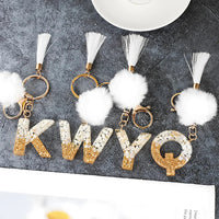 Creative Resin Initials White Fringe Fur Ball Women Keychain A-Z Letter Pendant Handbag Decor Car Key Ring Jewelry Gift Quick Pick Grocers