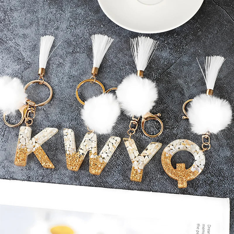 Creative Resin Initials White Fringe Fur Ball Women Keychain A-Z Letter Pendant Handbag Decor Car Key Ring Jewelry Gift Quick Pick Grocers