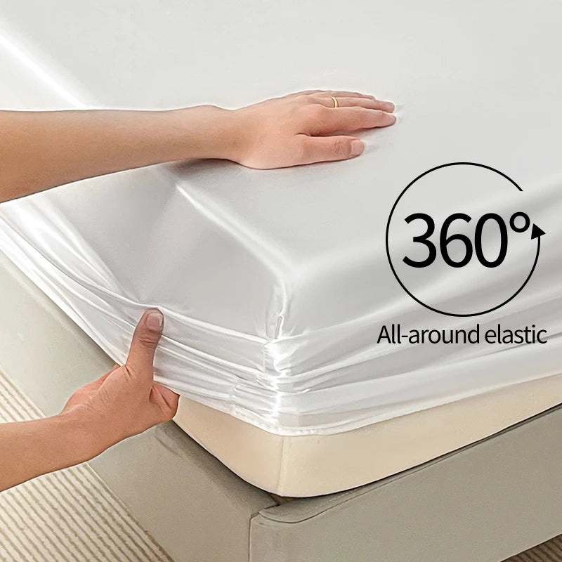 Satin Elastic Fitted Sheet Solid Mattress Cover 360 Band Bed Sheet for Single Double Couple King Queen Full Twin Bedsheet Quick Pick Grocers