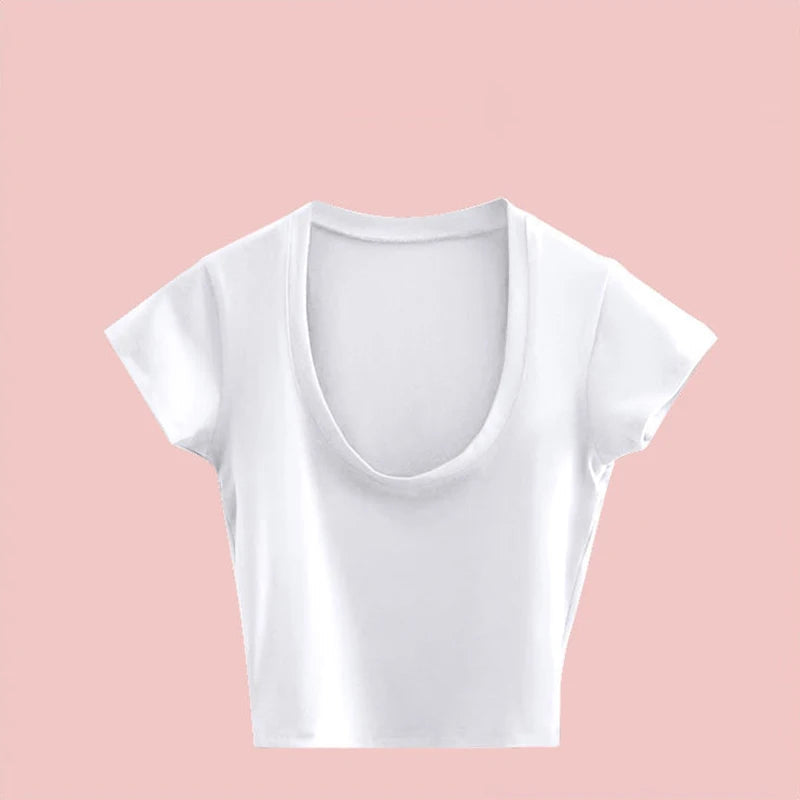 Summer Slim T-Shirt Women Sexy Short Sleeve T Shirt U-Neck Gray Tee Female Solid Basic Black/White Korean Crop Tops Hot Y2k Quick Pick Grocers