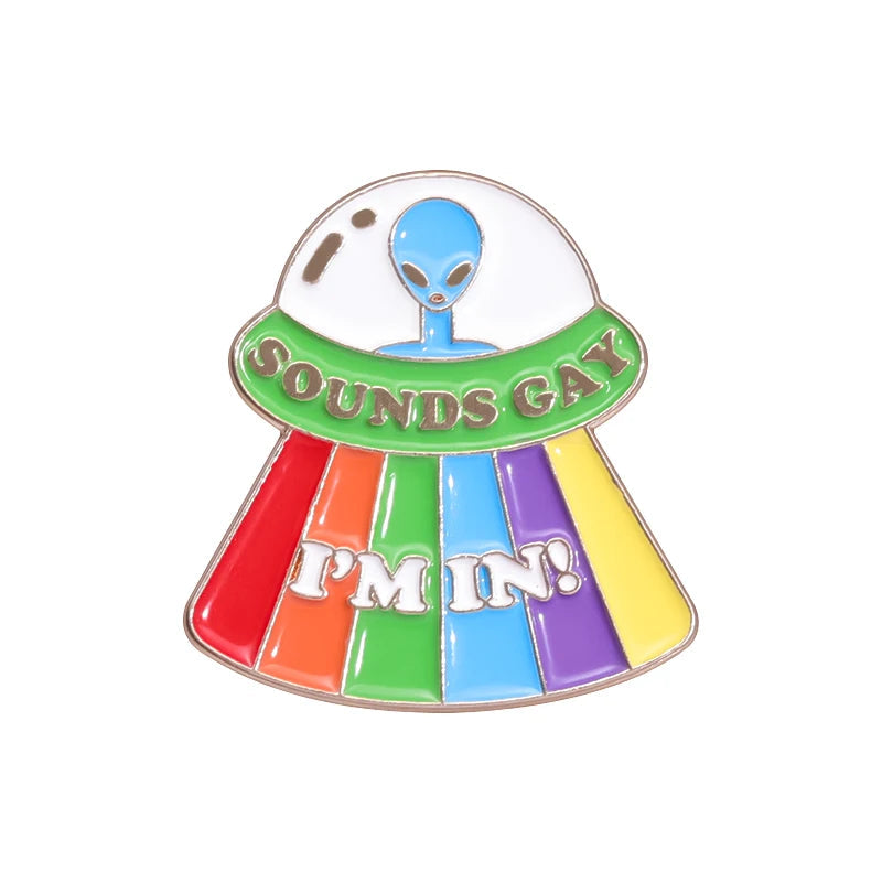 LGBTQ Pride Collect You Are Safe With Me Enamel Pins Rainbow Spaceship UFO Shield Cat Brooches Lapel Badges Jewelry Lover Gifts Quick Pick Grocers