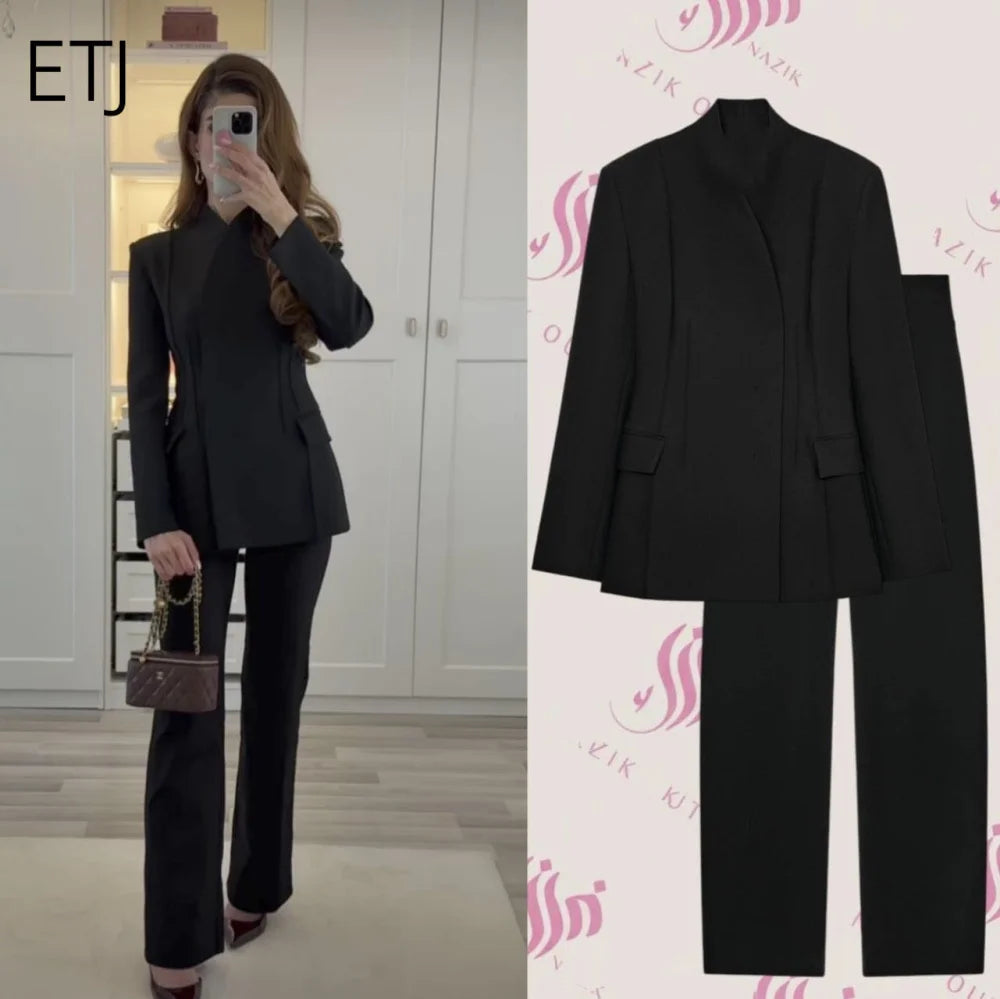 ETJ 2025 women's new fashion design three-dimensional cut high collar slim suit jacket & matching casual trousers Quick Pick Grocers