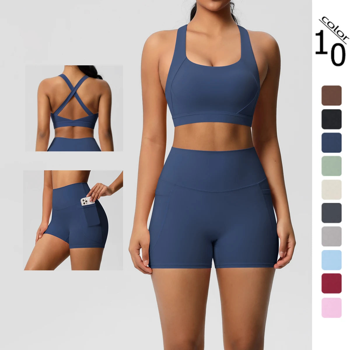 2PCS Sportswear With Pocketed Yoga Set Gym Clothes Yoga Suits For Women Tracksuits Sports Shorts Crossover Bra Gym Leggings Quick Pick Grocers