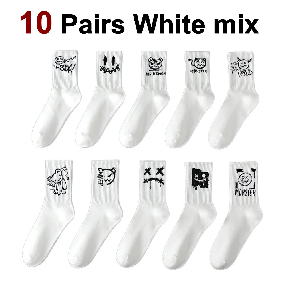 5/10 Pairs Men Women Graffiti Printed socks Street Style Soft Comfortable Sweat Absorbing Breathable Couple Sports Leisure Socks Quick Pick Grocers
