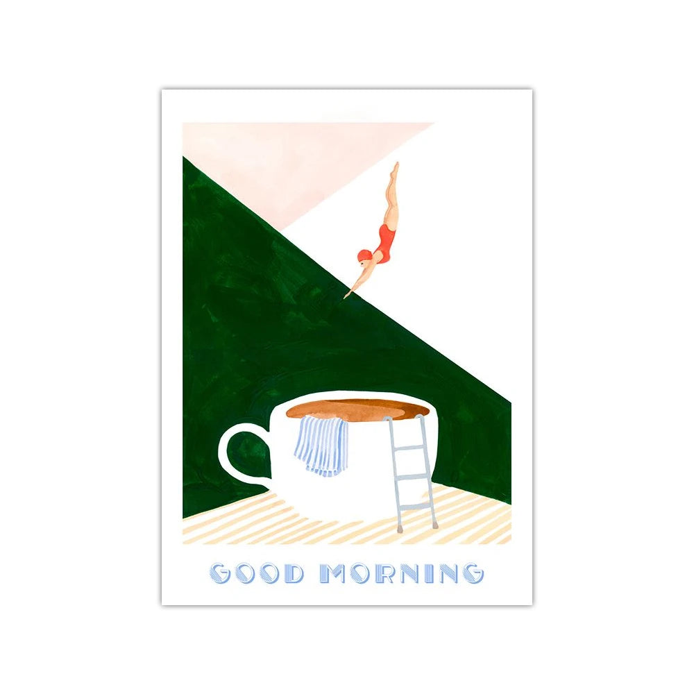 Retro Coffee Diving Poster Canvas Painting Good Morning Coffee Lover Print Wall Art for Living Room Home Kitchen Decor Frameless Quick Pick Grocers