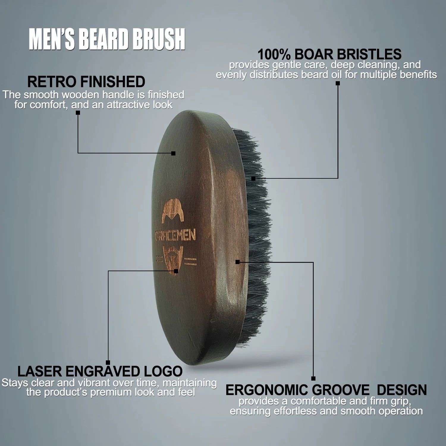 Gracemen Premium Boar Bristle Beard Brush Oval Wooden Handle Quick Pick Grocers