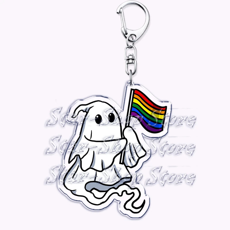 Cute Lgbt Halloween Keychain for Accessories Bag Gay Pride Lgbtq Spooky Ghost Lesbian Keyring Jewelry Rainbow Fans Friends Gifts Quick Pick Grocers