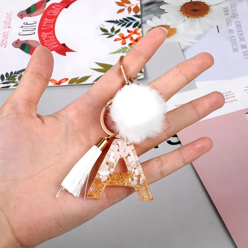 Creative Resin Initials White Fringe Fur Ball Women Keychain A-Z Letter Pendant Handbag Decor Car Key Ring Jewelry Gift Quick Pick Grocers