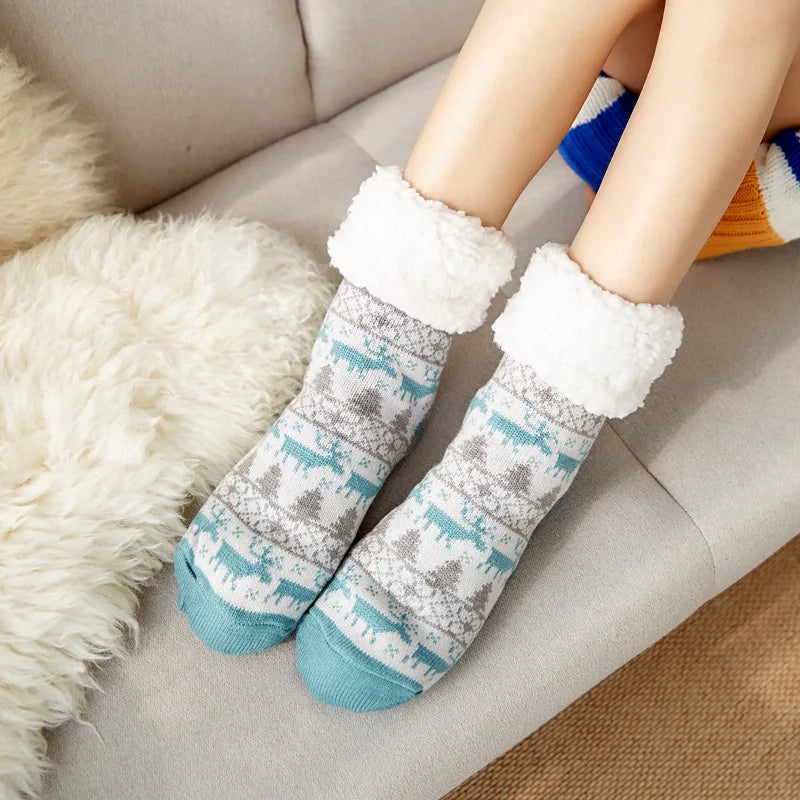 Christmas Gift Slipper Socks Women Thermal Winter Warm Plush Non slip Grip Sleeping Floor Short Sock Fuzzy Fluffy Female Cartoon Quick Pick Grocers