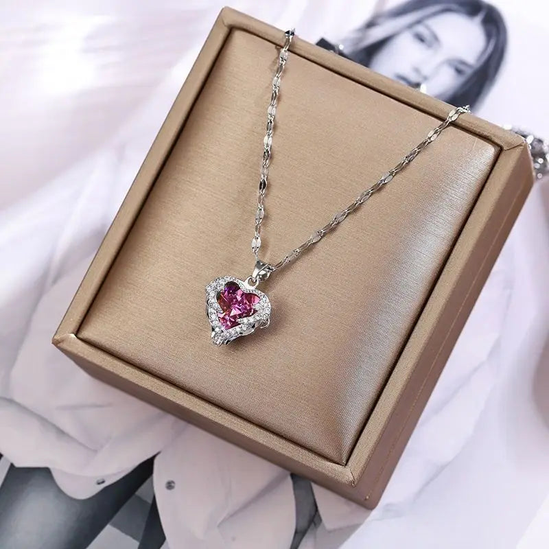 Top Luxury Colorful Crystal Ocean Heart Pendant Necklace For Women Trendy 316L Stainless Steel Jewelry Female Wedding Neck Chain Quick Pick Grocers