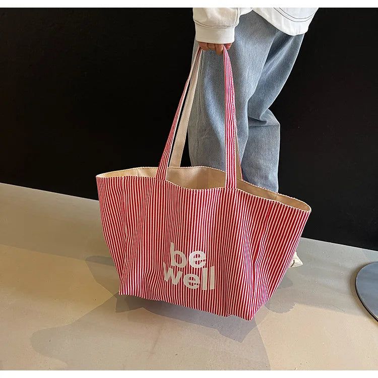 Casual Large Stripe Women's Shoulder Bag 2025 New Fashion Commuter Tote Bag High Capaci Canvas Handbag for Youth bolso mujer Quick Pick Grocers
