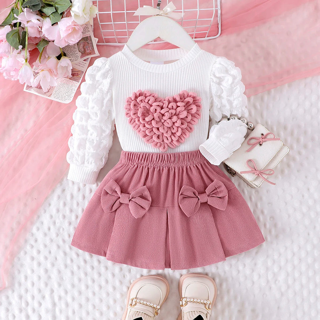 2PCS Winter New Style For 0-3 Year Old Girls, Comfortable Sweet And Cute Bubble Sleeves, Love Chapter Top + Pink Short Skirt Set Econic Blanks