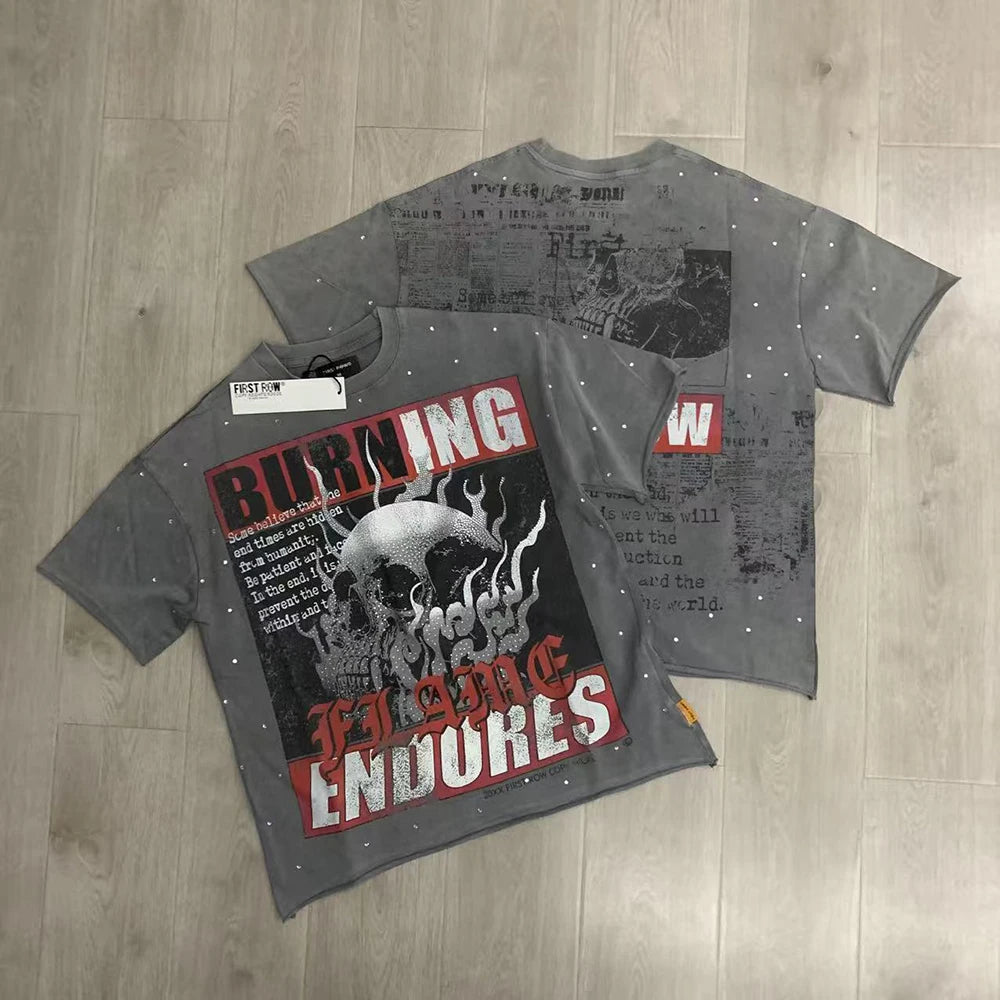 Streetwear Vintage Washed Diamond Cropped Tee for Men Crew Neck Short Sleeve Loose Cotton Rhineston Tshirts Oversized Quick Pick Grocers