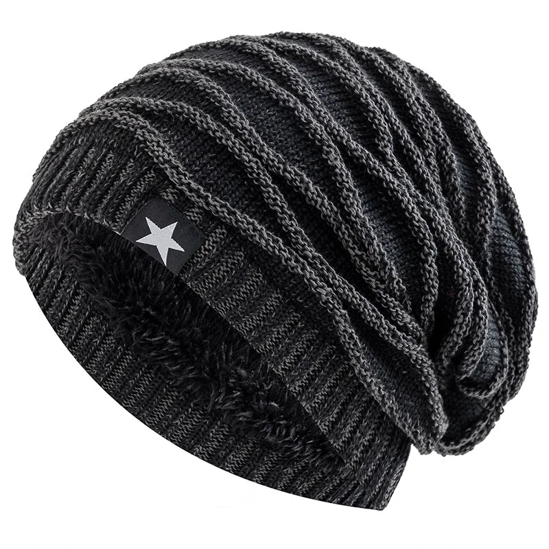 New Unisex Slouchy Winter Hats Add Fur Lined Men And Women Warm Beanie Cap Casual Five-pointed Star Decor Winter Knitted Hats Purest Peak