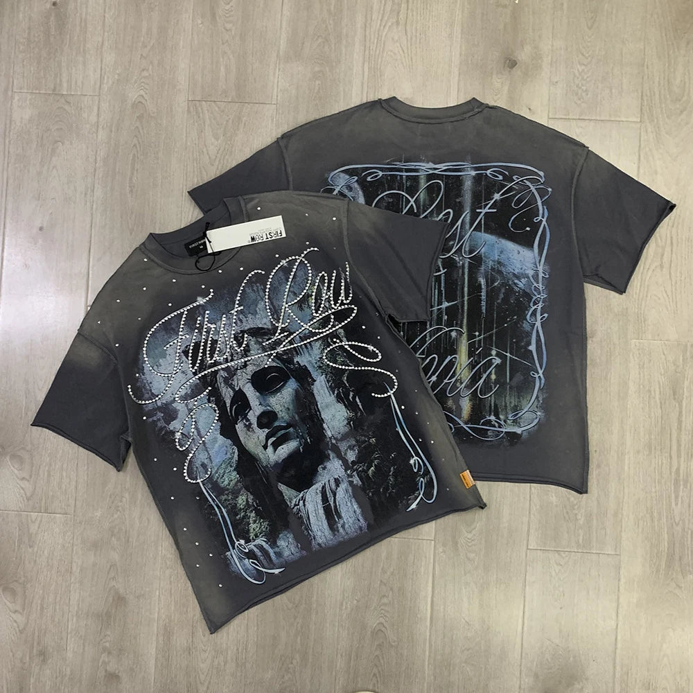 Streetwear Vintage Washed Diamond Cropped Tee for Men Crew Neck Short Sleeve Loose Cotton Rhineston Tshirts Oversized Quick Pick Grocers