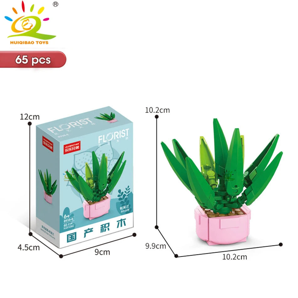 HUIQIBAO MOC Flower Succulent Potted Model Building Block DIY Eternal Bouquet Home Desk Plant Decor Brick Girl Gift Children Toy Quick Pick Grocers