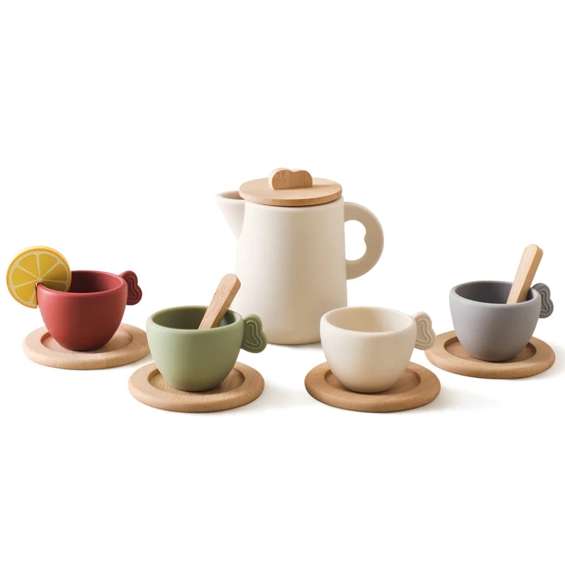 Wooden Children Montessori Toy Teapot Teacup Simulation Kitchen Utensil  BPA Free Silicone Kid Education Pretend Play Toy Gift Purest Peak