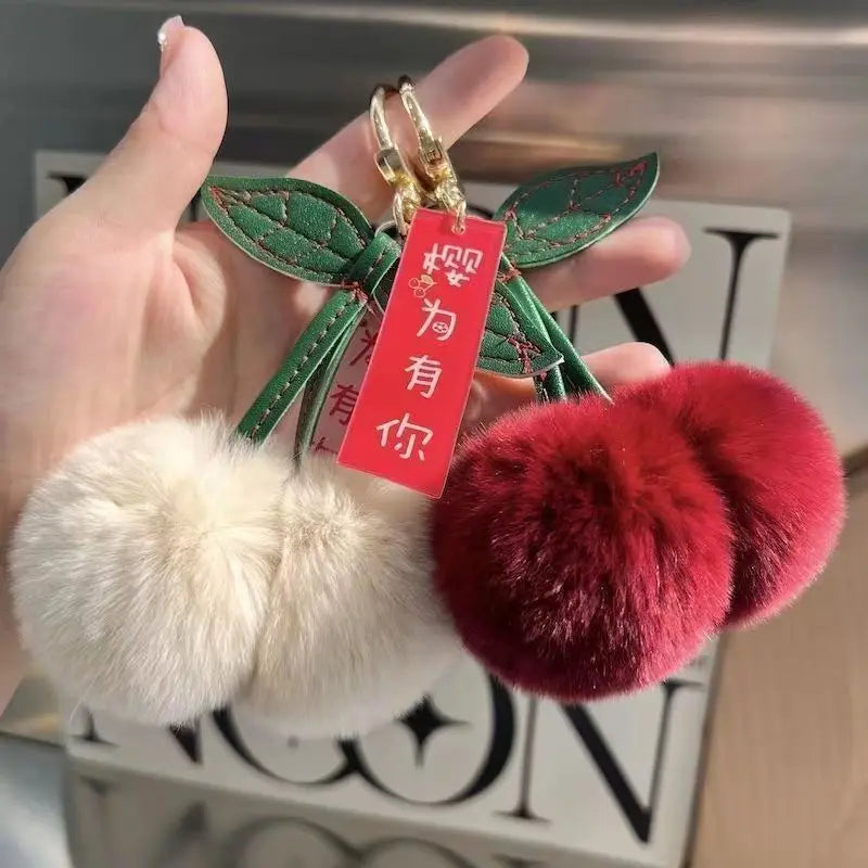 ZAKOL New Cute Fluffy Rex Rabbit Fur Ball Pompom Leaf Keychain Cherry Key Chain Handbag Car Key Chain Ring Gift Quick Pick Grocers