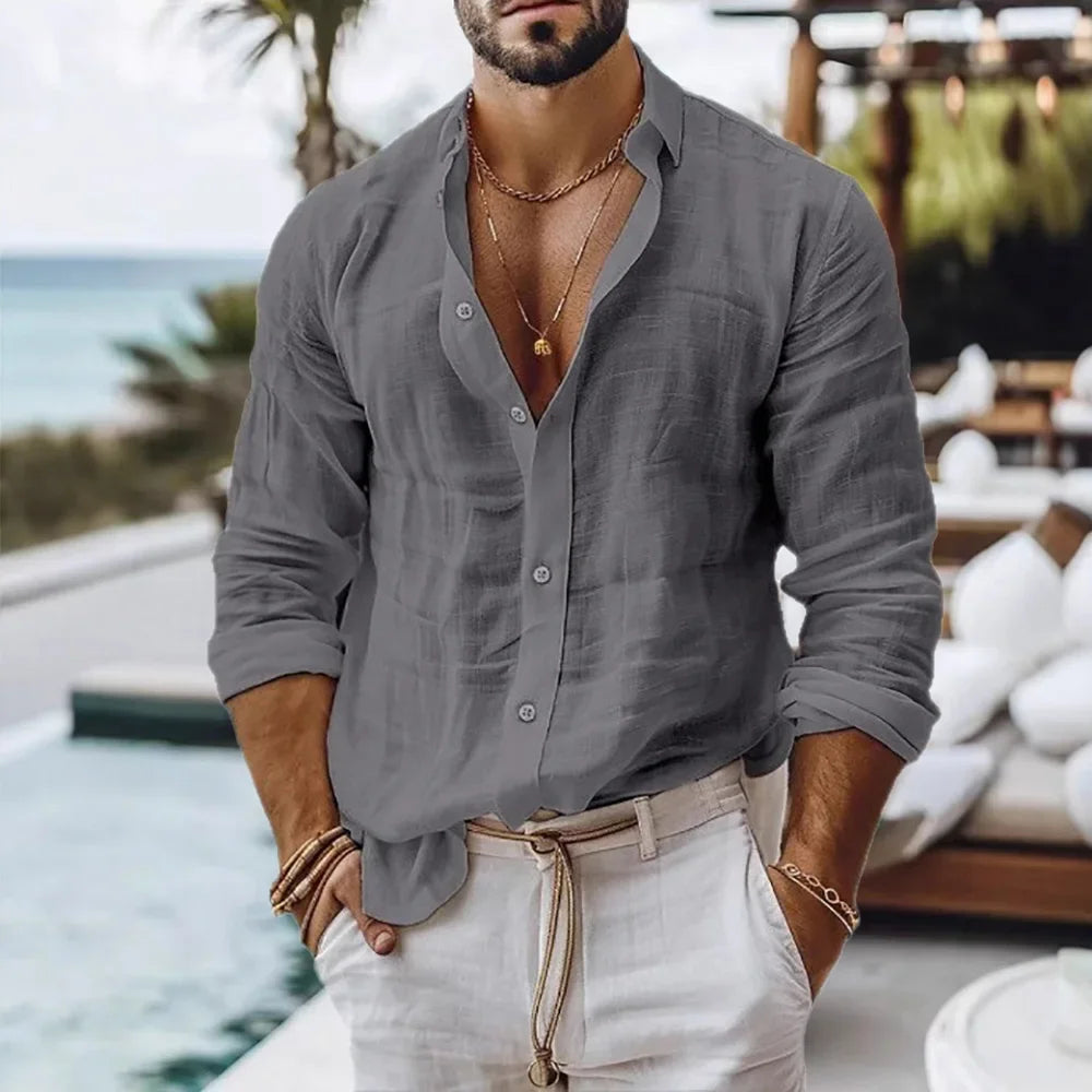 Cotton Linen Shirt for Men Summer Beach Style Solid Color Single Breasted Breathable Shirts Lightweight Stylish Button Tops Quick Pick Grocers
