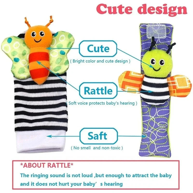 4Pcs Baby Toy 0-12 Months Baby Rattles Toys Animal Socks Wrist Strap + Rattle Baby Foot Socks Bug Wrist Strap Baby Socks New Econic Blanks