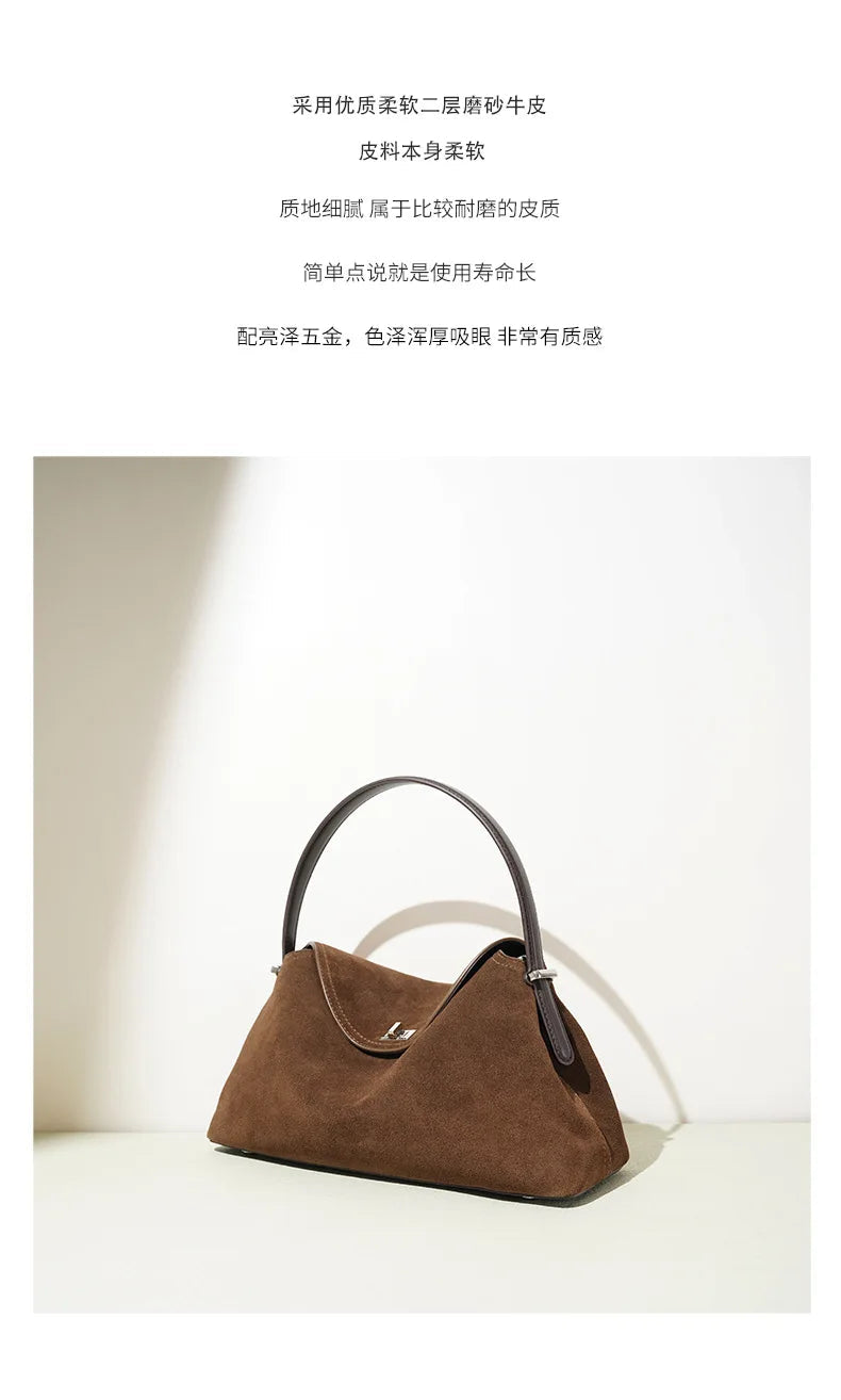 2026 Autumn Winter All-match Bowling Tote All-match Matte Suede Cowhide Leather Women Shoulder Bag Coffee Purple Noble Handbag Quick Pick Grocers