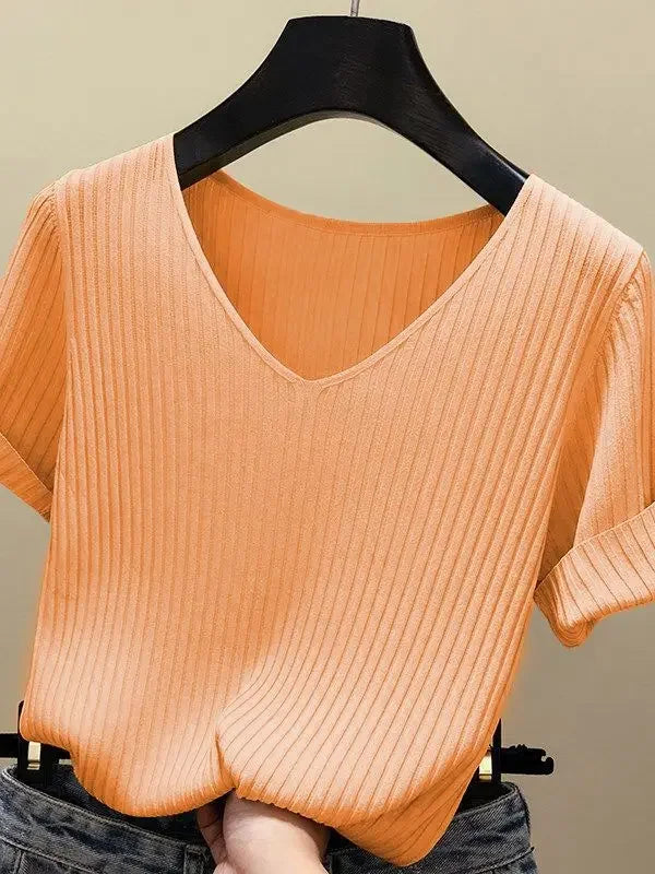 AOSSVIAO 2026 Basic V-neck Solid Thin Summer Women Pullover Female Thin Knitted Ribbed Sweater Slim Short Sleeve Bodycon Sweater Quick Pick Grocers