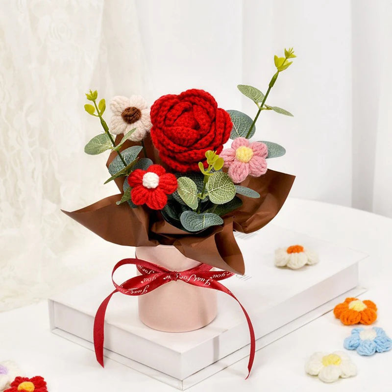 Knitted Flower Bouquet Crochet Rose Flowers Hugging Bucket New Year Gifts Living Room Desk Decoration Mother's Day Gift Quick Pick Grocers