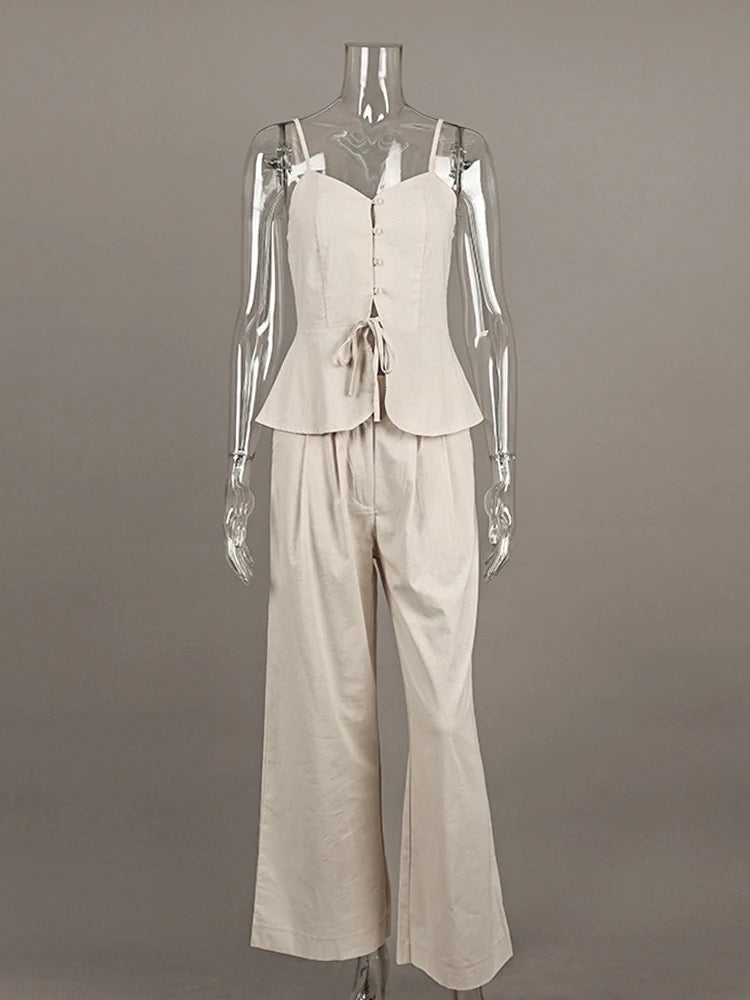 Mueyaruho Women 2026 Summer Office Pant Set Suits Solid Beige Outfits 2 Two Piece Wide Leg Matching Set For Women Quick Pick Grocers