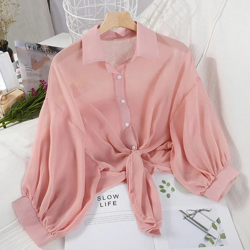 Casual Loose Hollow White Clothes Elegant Solid Color Tied Waist Blouse Women Summer Bat Half Sleeve Button Chiffon Shirt Quick Pick Grocers