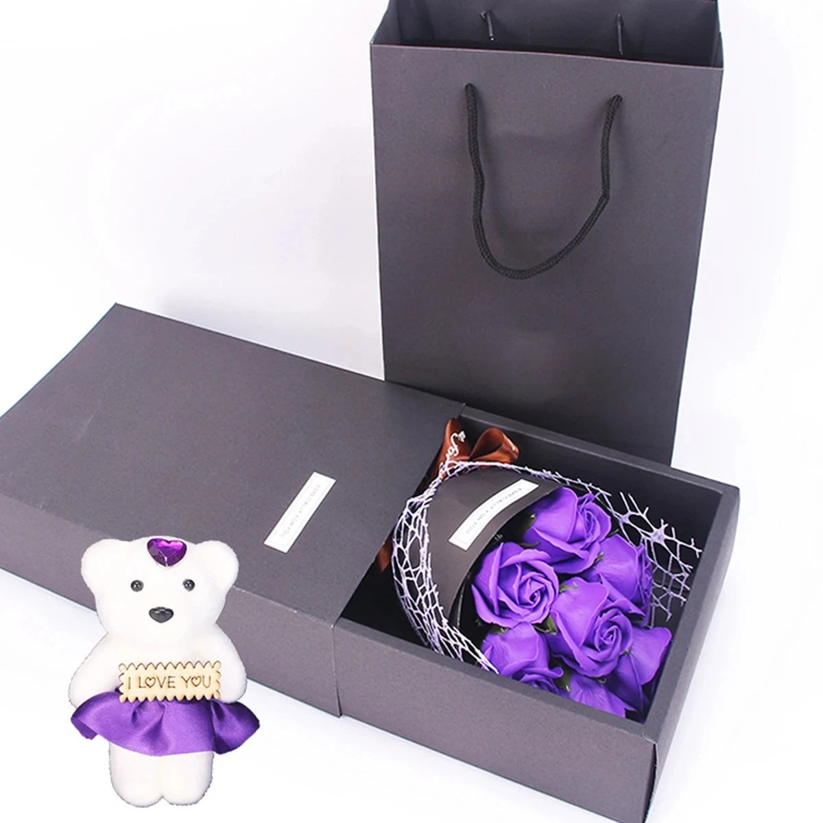 1Pc Handmade 7 Rose Soap Bouquet Little Bear Gift Box Creative Valentine's Day Mother's Day Birthday Party Rose Flower Gifts Quick Pick Grocers