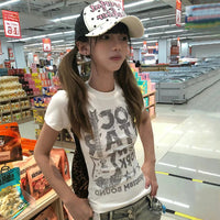 Karrram Japanese Y2k Letter Print T-shirt 2000s Style Short Sleeve Crop Top Vintage Harajuku Ribbed Tee Shirt American Retro 90s Quick Pick Grocers