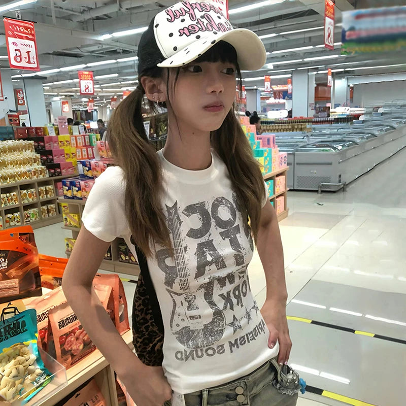 Karrram Japanese Y2k Letter Print T-shirt 2000s Style Short Sleeve Crop Top Vintage Harajuku Ribbed Tee Shirt American Retro 90s Quick Pick Grocers
