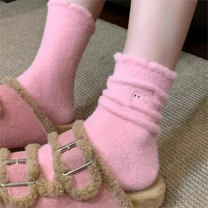 3Pairs Premium Feel Cute Cat Cozy Hairy Mink Velvet Socks Autumn Winter Hosiery Thickened Plush Warm Sleep Home Fluffy Socks Purest Peak